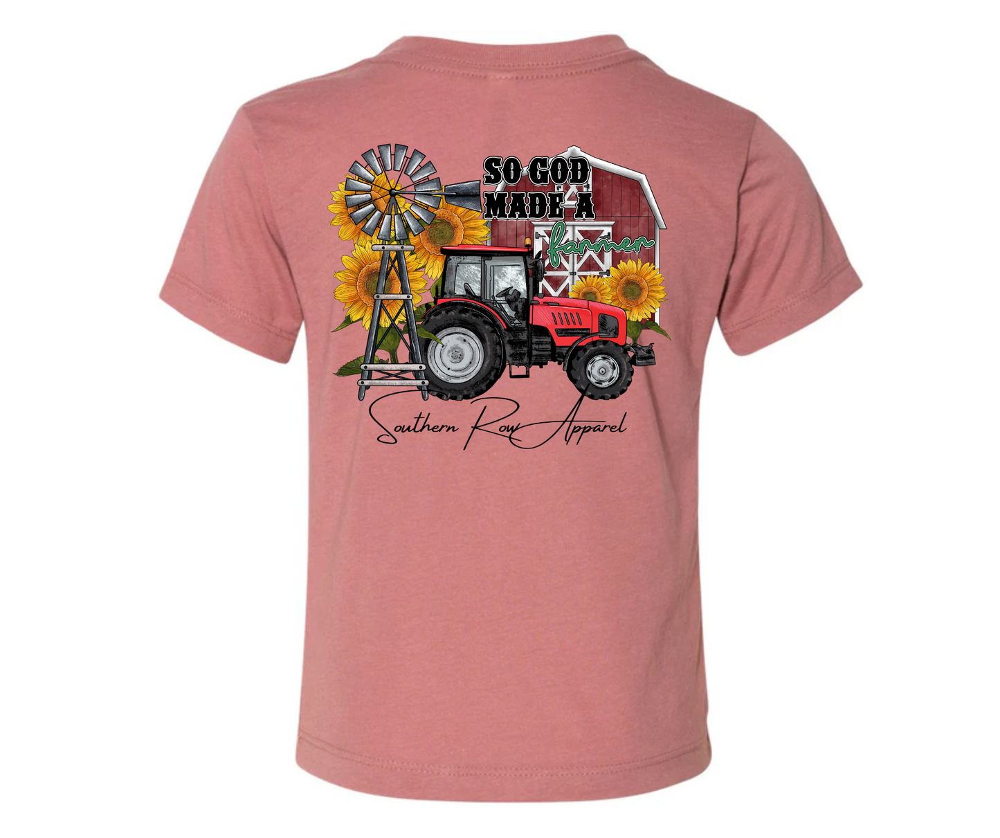 So God made a farmer. Featuring a red barn, red tractor, windmill and sunflowers